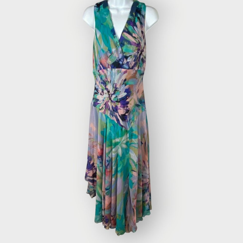 Watercolor Fairy Midi Dress | 16 | Chiffon | Drop Waist Asymmetric Hem | Flowy